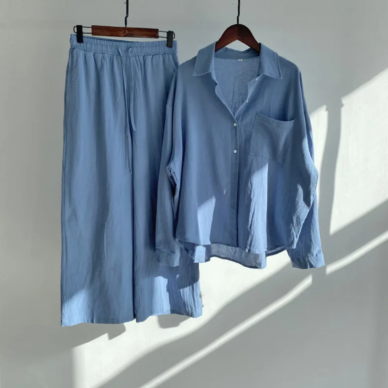 

Women's 2-piece Retro Oversize Cotton and Linen Shirt Plus High Waist Slacks Suit Women's Sweatshirt Set Sweatshirt