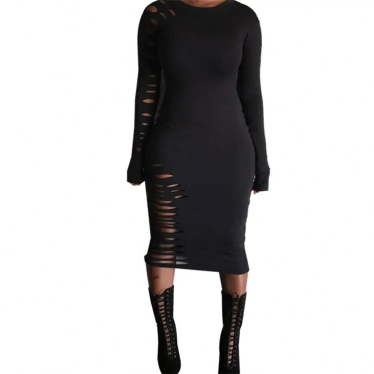 

Customized Fashion Retro Girls Dresses Solid Color Long Sleeve O Neck Hollow Slim Casual Women Dress Factory In China, Shown