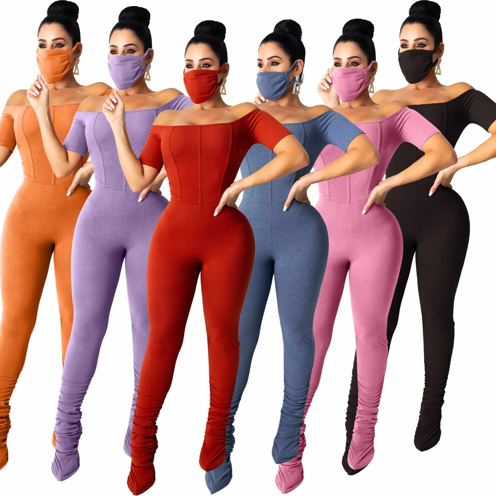 

Sexy one-shoulder short-sleeved pleated sexy jumpsuit skinny yoga pants for lady