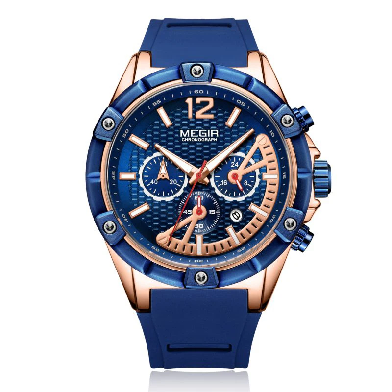 

2083 megir watch big case alloy analog sports watch silicone band Chinese army watch 6 hands men reloj deportivo