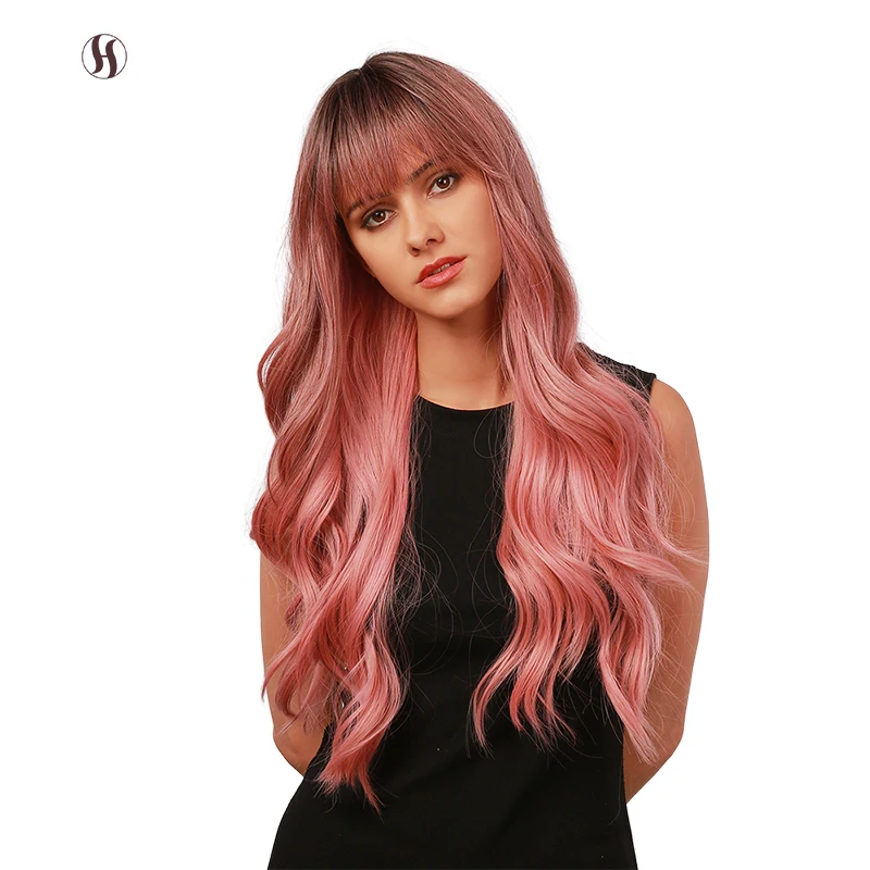 

New Black Pink Ombre Long Body Wave Curly With Bangs Synthetic Wigs