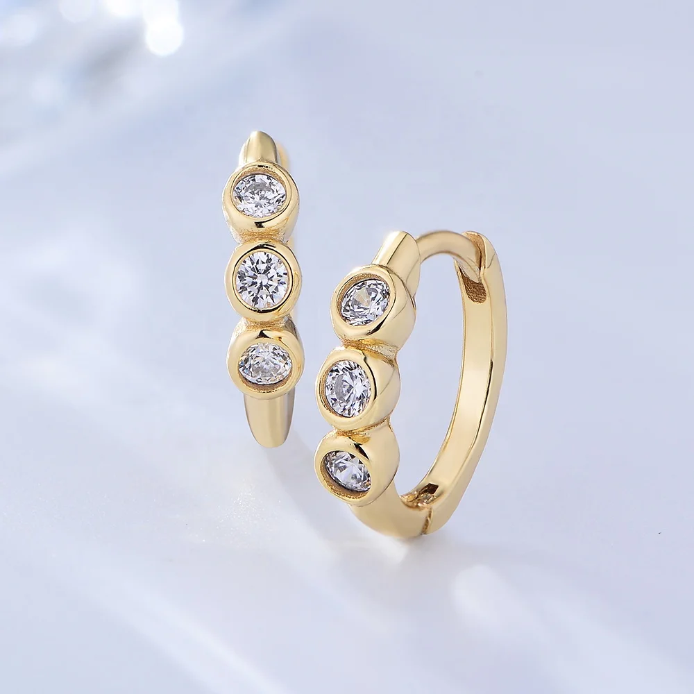 Minimalist Three Stone Jewelry Psj 925 Sterling Silver 14k Gold Plated Bling Cubic Zircon Hoop Huggies Earrings for Women