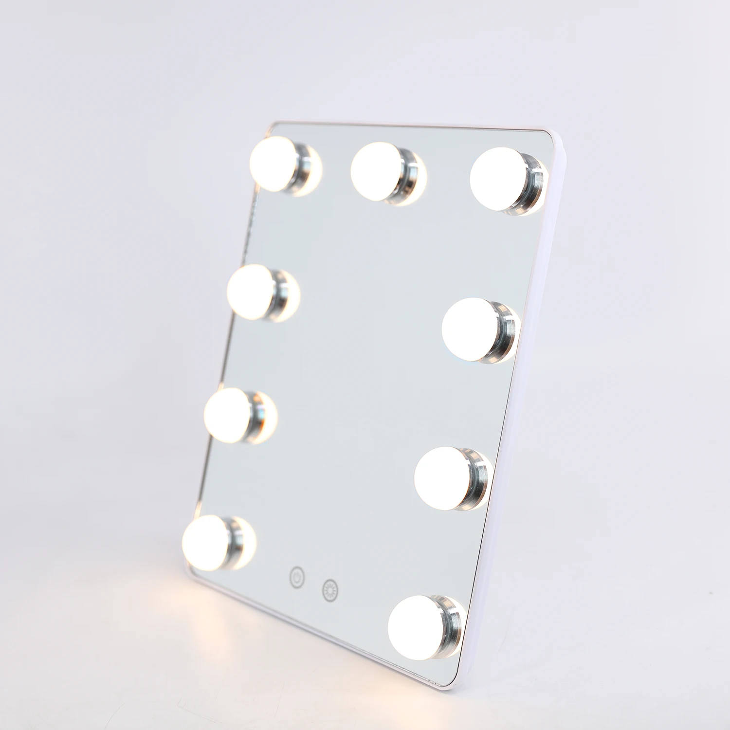 

HOT Hollywood Style 9 LED Bulbs Smart touch Tabletop Square Vanity mirror with Adjustable back standing and UBS charging