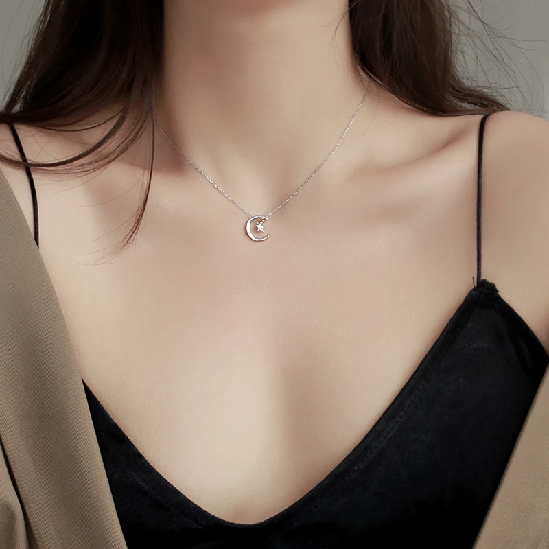 

Moon Star 925 Sterling Silver Necklace Fashion Simple Sparkling Clavicle Chain Woman Wedding Jewelry Party Birthday Gift