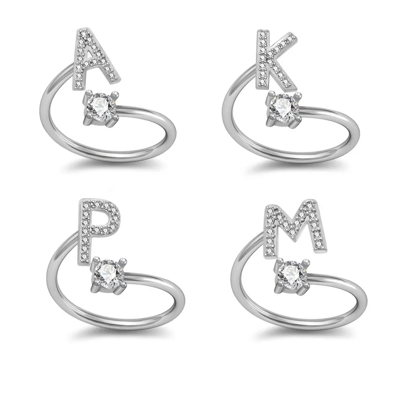 

Valentine'S Day Gift Adjustable 26 Alphabets Initial Letters Diamond Wedding Finger Rings Jewelry For Women, Picture shows