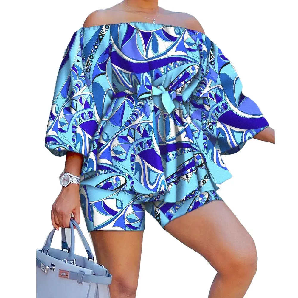 

Wholesale Women Plus Size T-shirts Printed Off-neck Belted Top and Shorts Set Women's Summer Casual Two Pieces Set