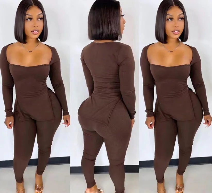 

OUDINA Hot Sale Long Sleeve Top Outfit Slit Blouses 2 Piece Sweatsuit Sets Women Clothing Legging Two Piece Set, Black/brown/beige/green/yellow/pink/red