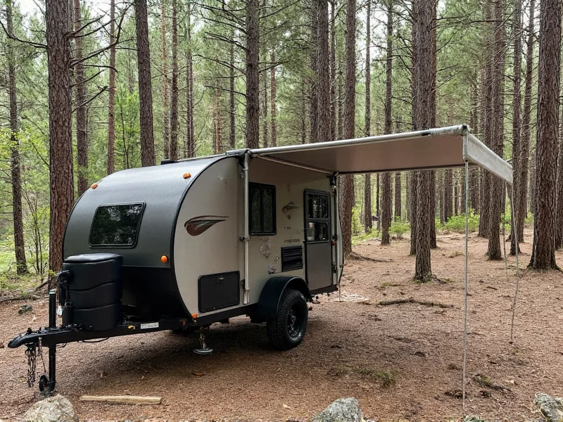 Completed DIY teardrop camper parked in forest with custom awning