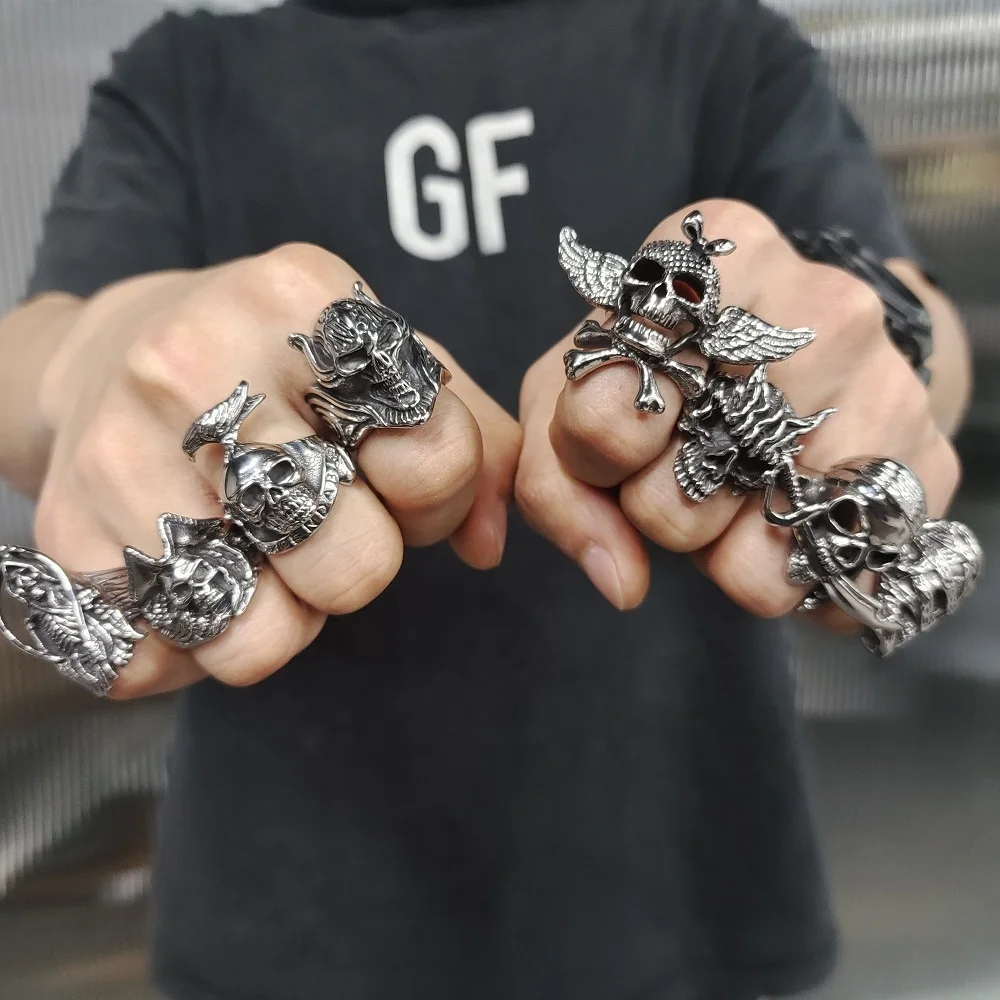 Bague Motards Men Biker Stainless Steel Anel Caveira Calabera Skull Skeleton Bague Tete De Mort Anillos De Calavera Rings Men
