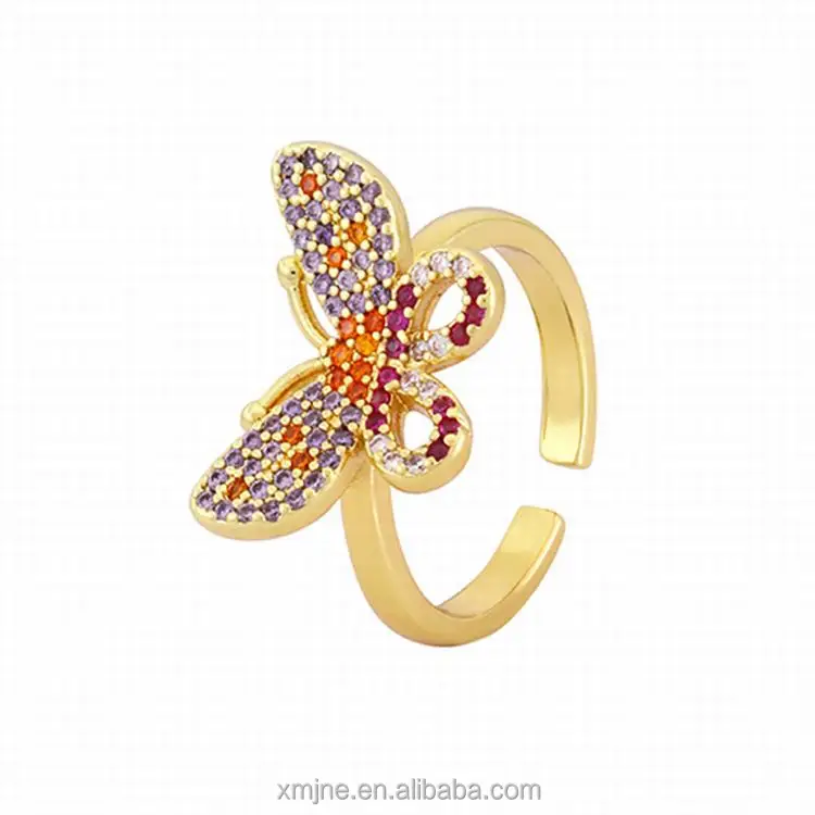 

2021 Retro Copper Micro-Inlaid Color Zircon Gold Butterfly Ring Ring Bracelet Female Open Adjustable Ring