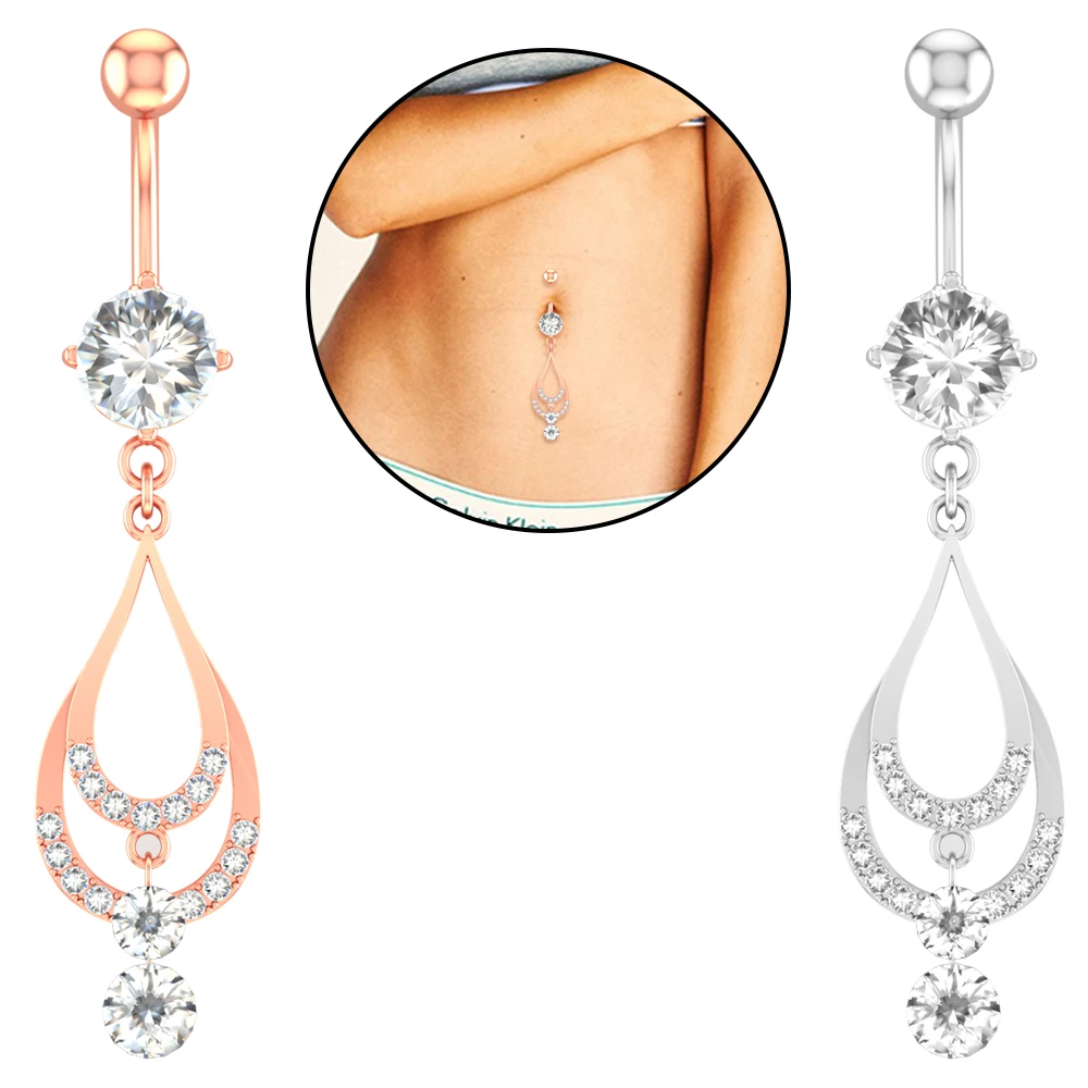 

New Style Double Water Drop Dangling Navel Belly Piercing Girls Stainless Steel Button Ring Body Jewelry