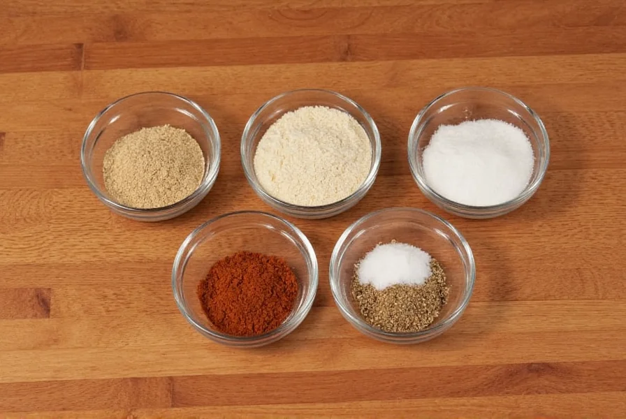 Homemade chili seasoning mix ingredients arranged in small bowls on wooden table
