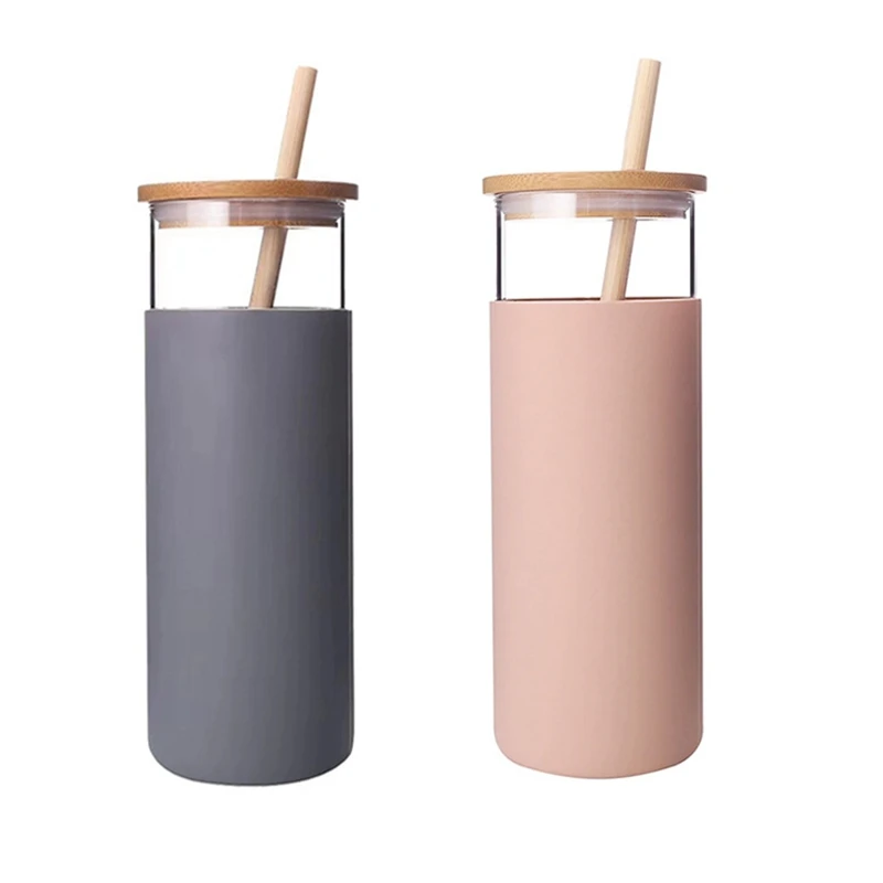 

24Oz Tumbler Portable Glass Water Bottle Straw Silicone Protective Sleeve Bamboo Lid