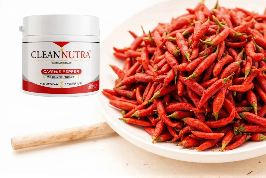 Close-up view of Clean Nutra Cayenne Pepper capsules showing transparent gelatin casing and red powder contents