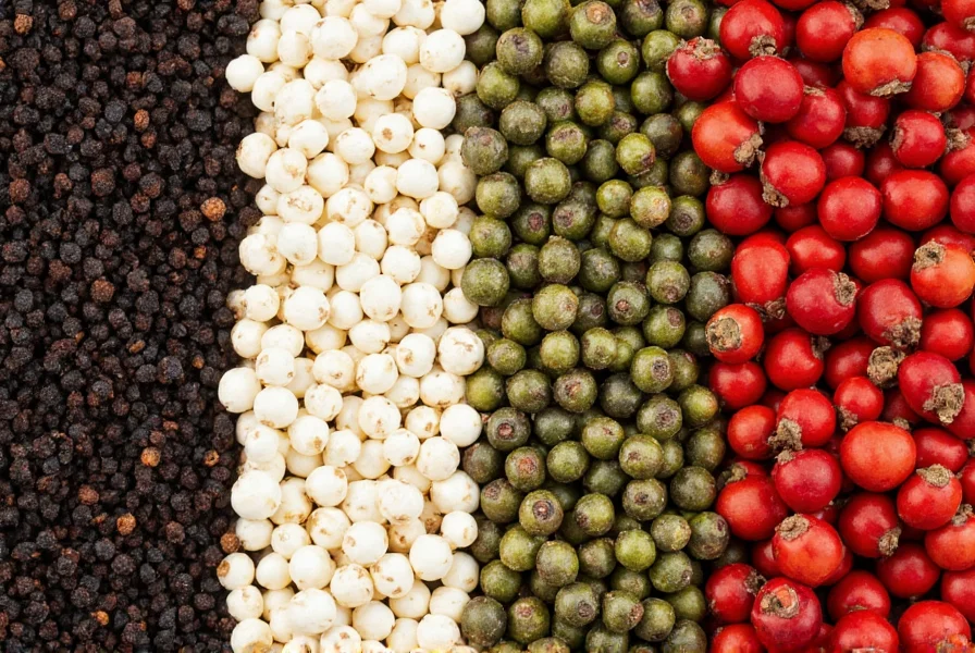 Close-up view of black, white, green, and red peppercorns arranged in a row for comparison showing their distinct colors and sizes