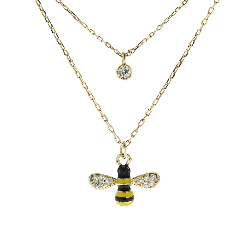 

Cute Gold Plated Double Layer Necklace 925 Silver Bumble Bee Necklace Woman