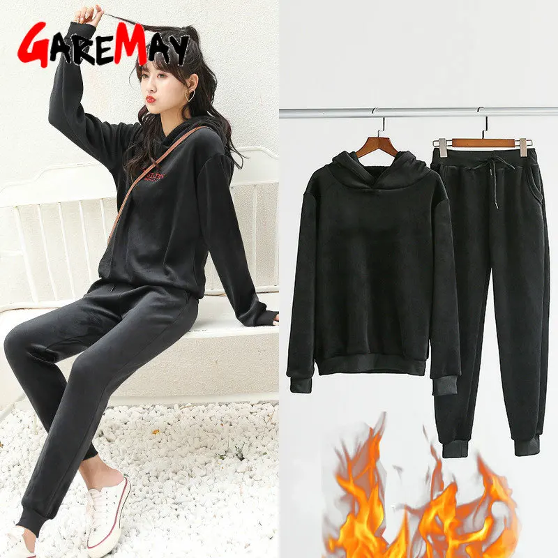 

winter 2 piece Tracksuit Women black velvet Sweatshirt Female Sport Pullover Women's Sport Set Tracksuit for Women Sweatshirt