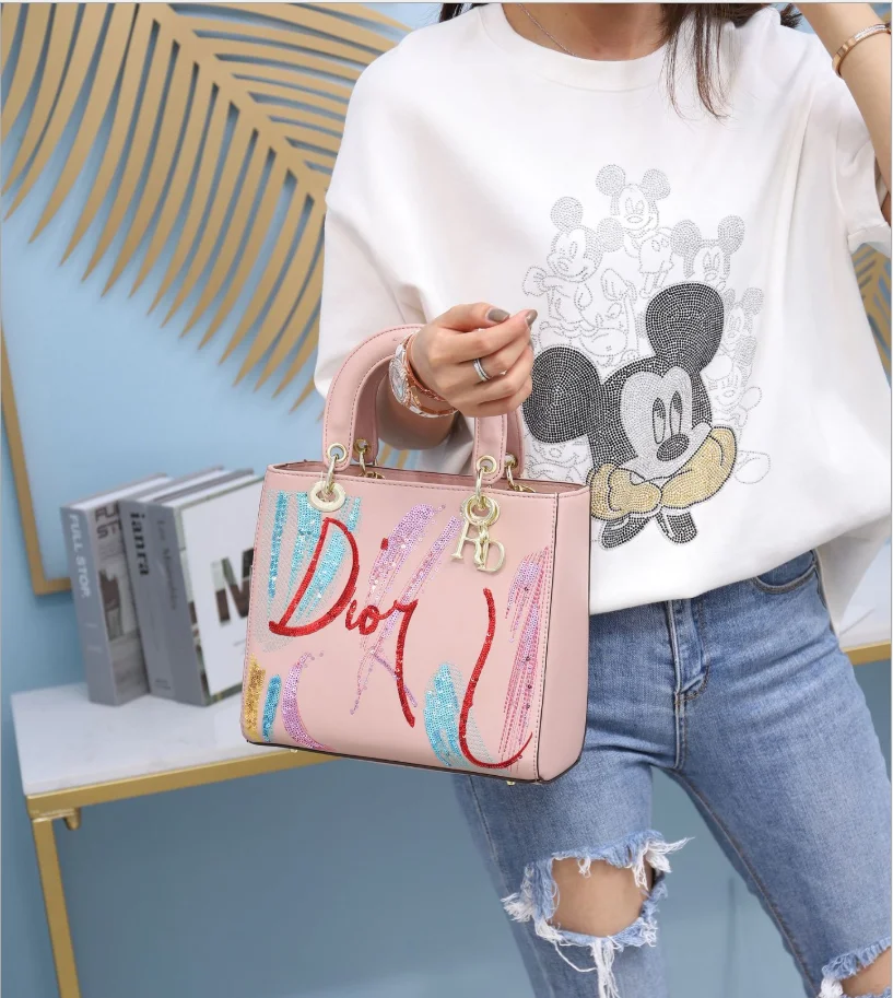 

Top sale big size embroidery PU bag portable diagonal bag European and American ladies bags, As the picture