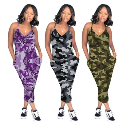 

B34788A Latest sexy woman camo print sleeveless casual summer Jumpsuit