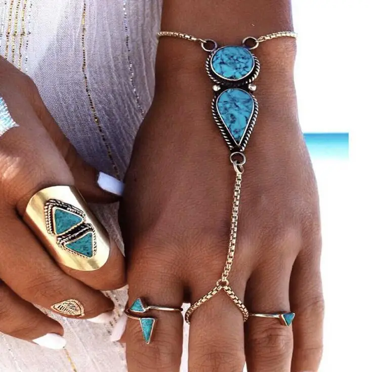 

2021 trendy European and American Bohemian Beach Retro Ethnic style Turquoise Finger Bracelet Lady hand jewelry, Silver