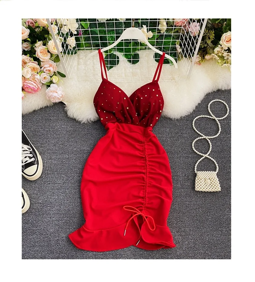 

women new nightclub slip low cut V neck empire Sheath Drawstring mermaids sexy short dresses, Picture color