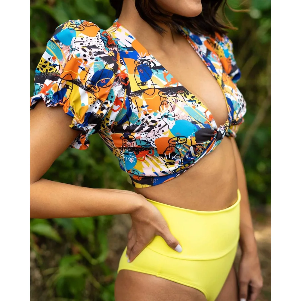 

2021 Sexy Puff Sleeve Bikinis Women Swimsuit High Waist Print Bathing Suits Beachwear Brazilian Bikini Set Biquini Female