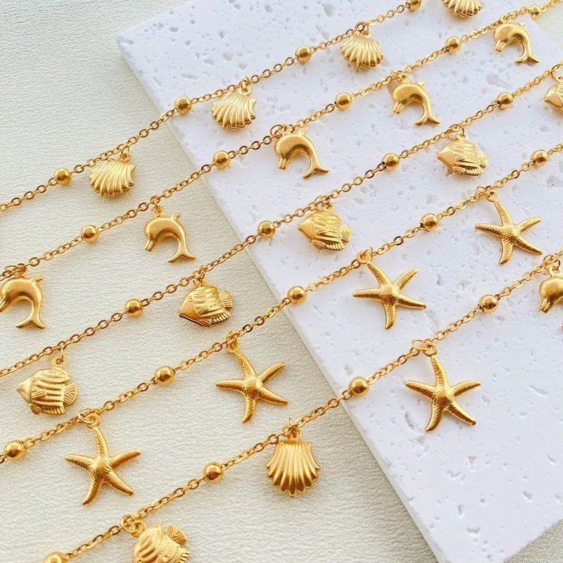 

Hot Sale 18k Gold Filled Beach Titanium Steel Jewelry Fashion Boho Starfish Shell Charms Stainless Steel Ankle Chains For Lady