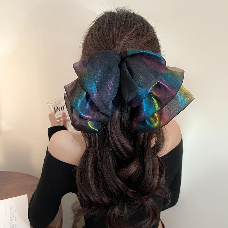 

2023 new design oversize tie hairpins fashion french hair accessories organza bowknot hair claw