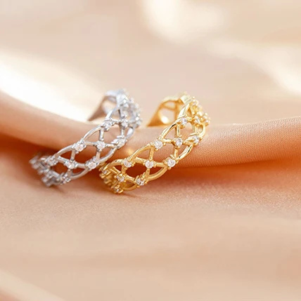 

S925 sterling silver gold-plated hollow lace zircon ring retro opening adjustable mesh ring