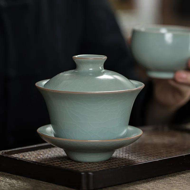 

Azure Ru-porcelain large three pieces tea making Bowl gracked glaze supportable home tea ceremony Bowl gaiwan