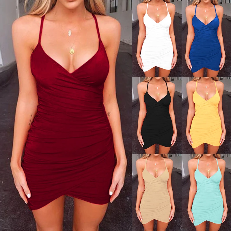 

Women Bodycon V-Neck Slim Sleeveless Spaghetti Strap Pleated Mini Sexy Dress For Night Club Party