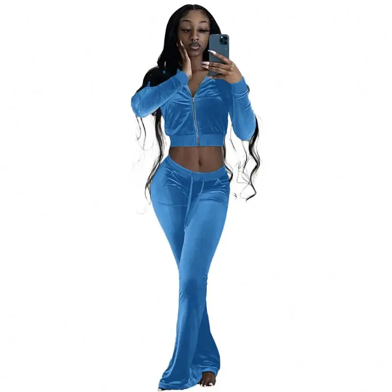 

Spring Autumn Casual Flare Velvet Pant Sets 2021 Two Piece Pants Set, As picture