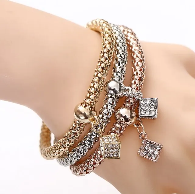 

3 Pcs/Set Crystal Owl Heart Charm Bracelets & Bangles Gold Alloy Elephant Anchor Pendants Rhinestone Bracelets For Women