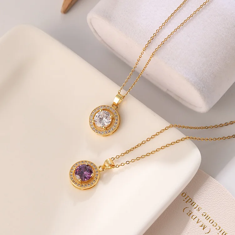 

Best Selling Real Gold Plating Micro Pave CZ Round Diamond Necklaces Bling Bling Round Gemstone Pendant Necklace