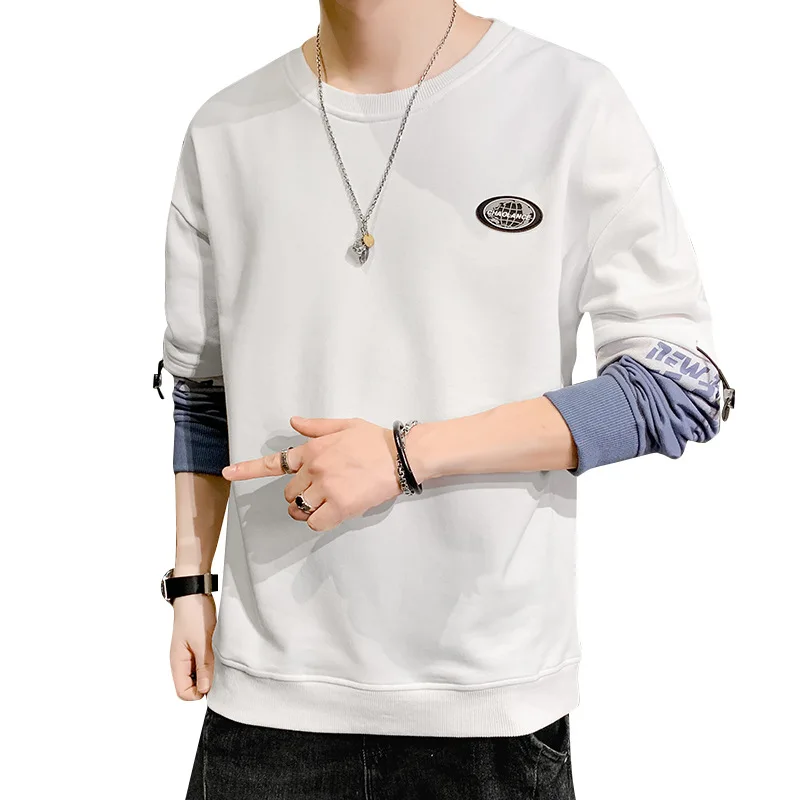 

Sweater hooded men's autumn loose leave two casual handsome round neck Pullover Top versatile sportsman, As the picture shows