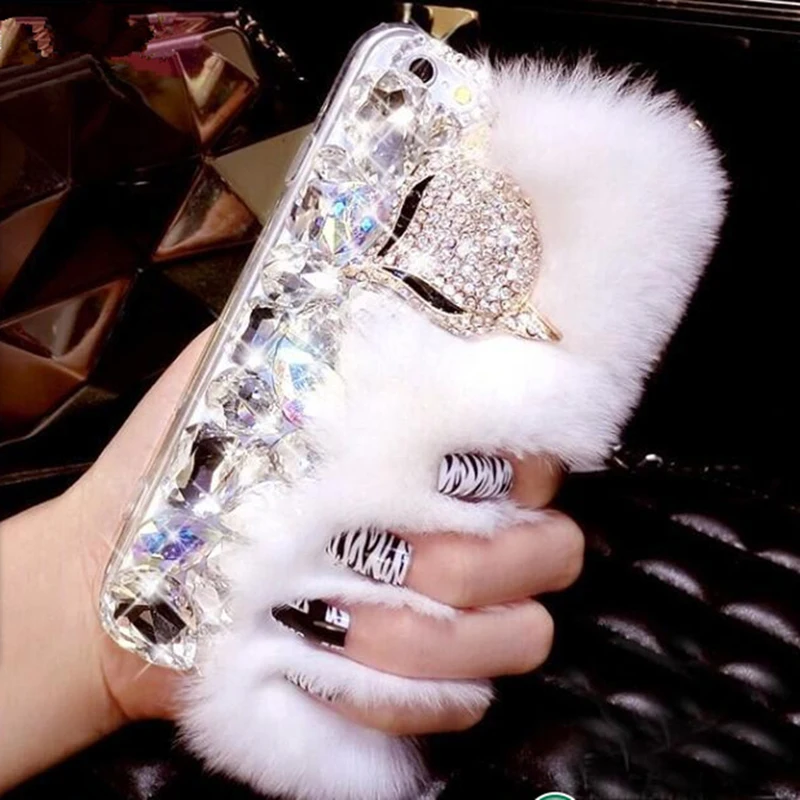 

Hot Sell Luury Multi Colors Deluxe acrylic crystal diamond Rex 100% Real rabbit fur is suitable Plush shell for iPhone 11/12, According to the picture