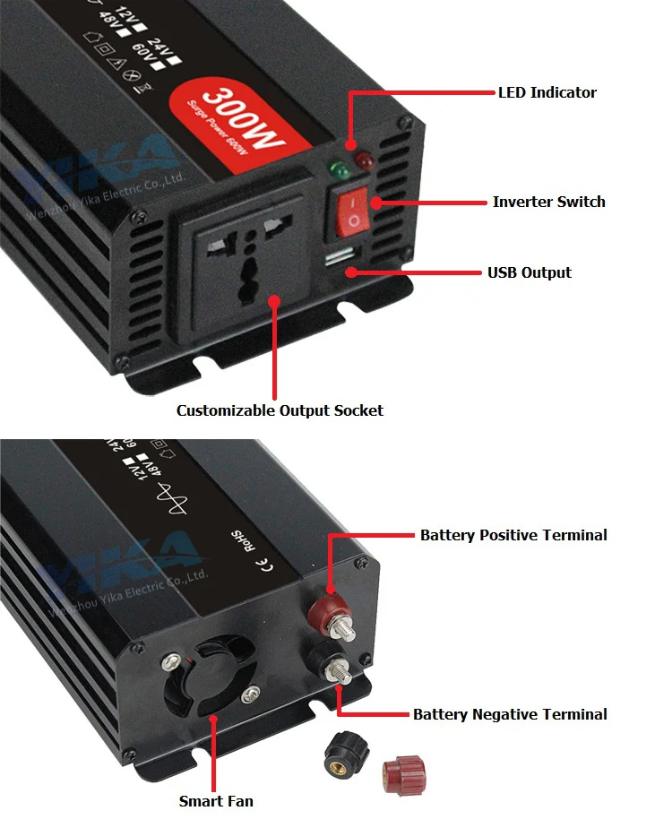 Yika 300w 300va 24v Dc Ac 12v 220v Inverter 300watts Solar Power Inverters 300 W Watt Pure Sine 4218