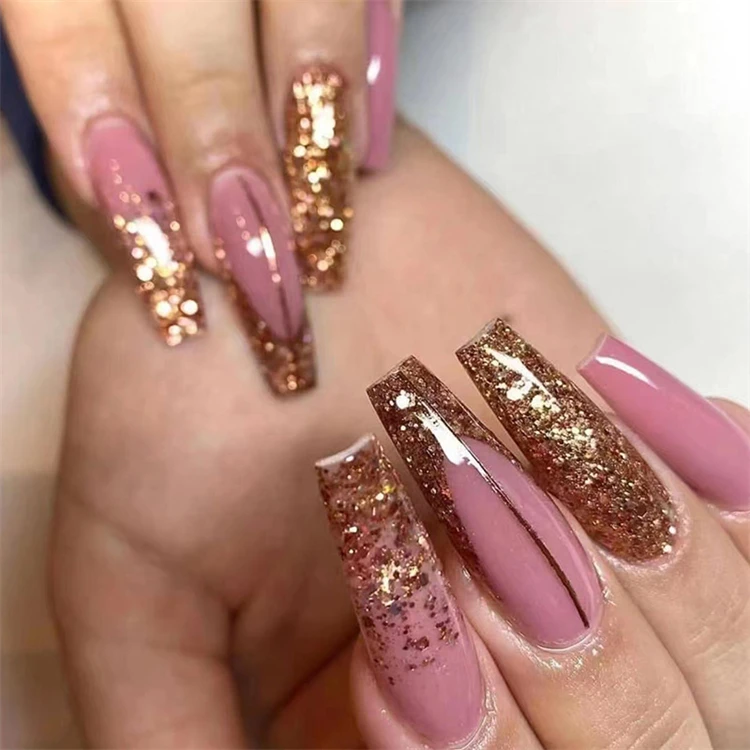 

24pcs/box Hand-made Ballerina High Quality Nail Design With Long Press On Nails With Rhinestone Pink Glitter