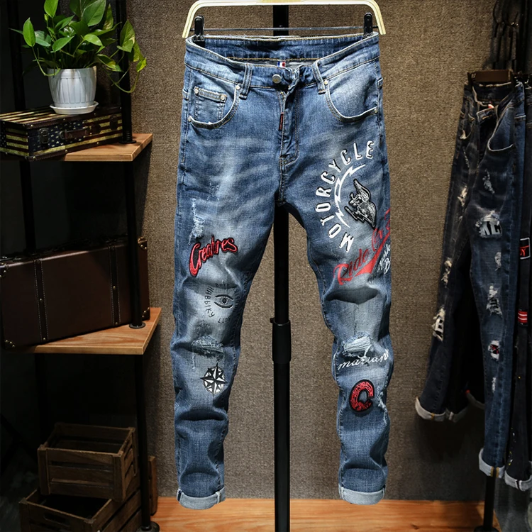 

2019 Hot sale new Men Leisure Biker jeans embroidery printing Badge Elastic Breathable Comfortable fashion Straight pants, Picture color