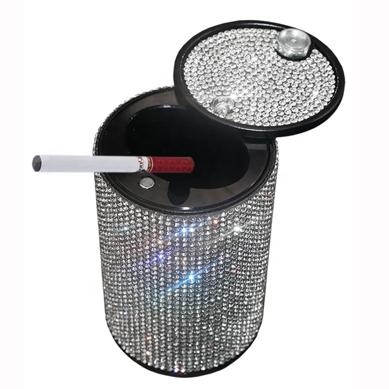 

New Fashion Rhinestone Bling Car Cigarette Cigar Ashtray with Light Container Smoke Ash Cylinder Smoke Cup Holder Storage Cup, Black/white