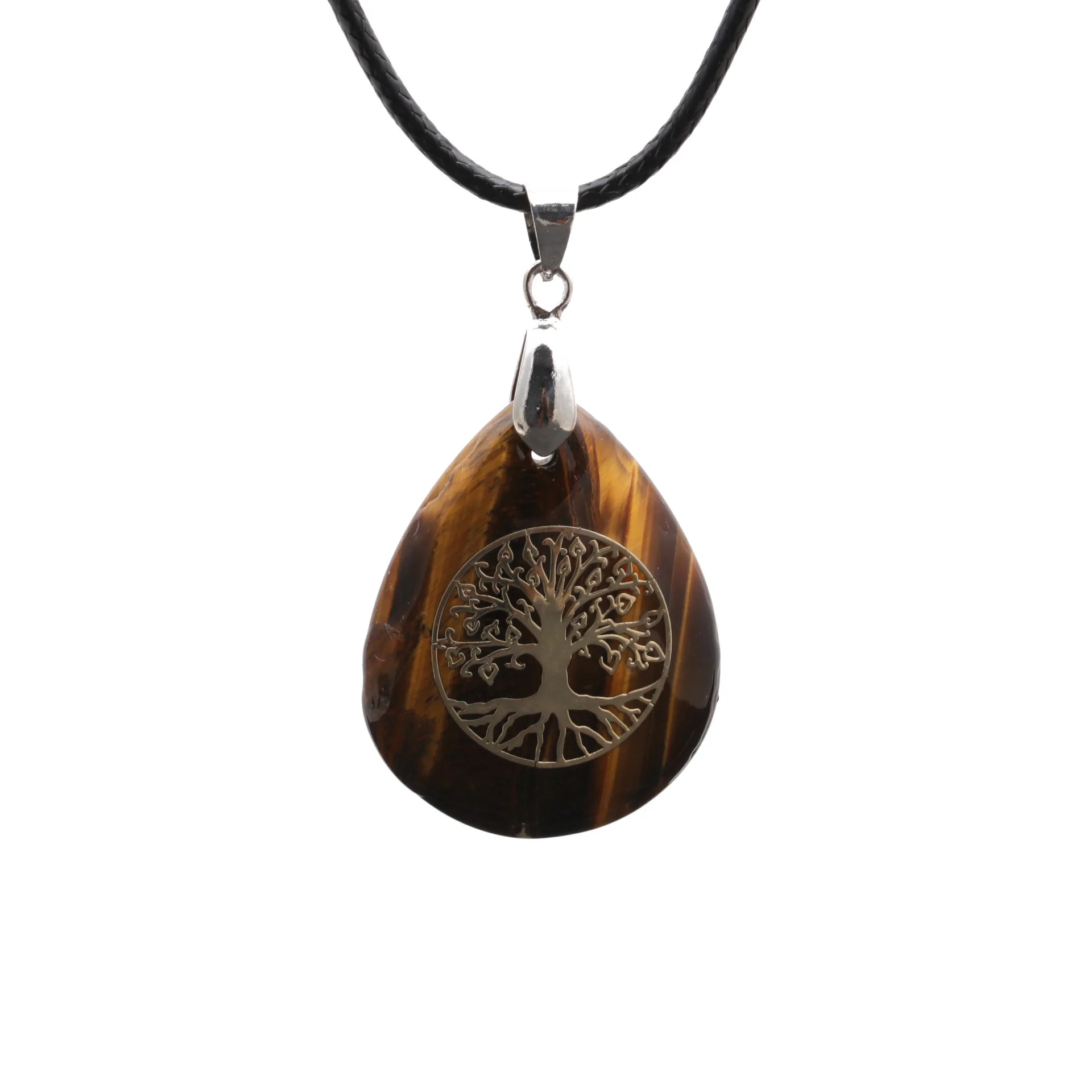 

Wollet Wholesale Oval Natural Stone Yoga Agate Tree of Life Water Drop Shape Pendant Necklace