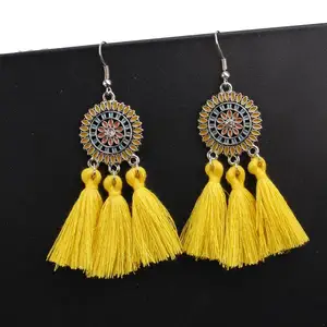 2020 Best Selling Vintage Style Bohemian Silk Thread Tassel Drop Hook Earrings Antique Enamel Boho Long Tassel Earrings 2