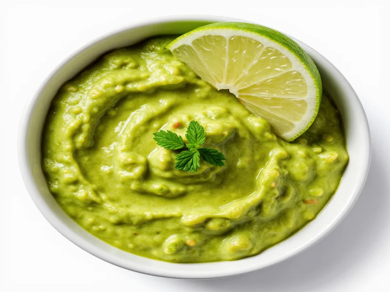 Creamy green guacamole in white bowl with lime wedge