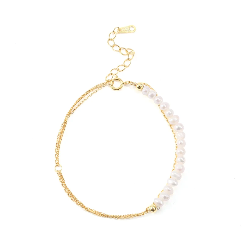 

Women Trendy Gold Plated Jewelry 925 Sterling Silver Double Layer Chain Natural Pearl Bracelets