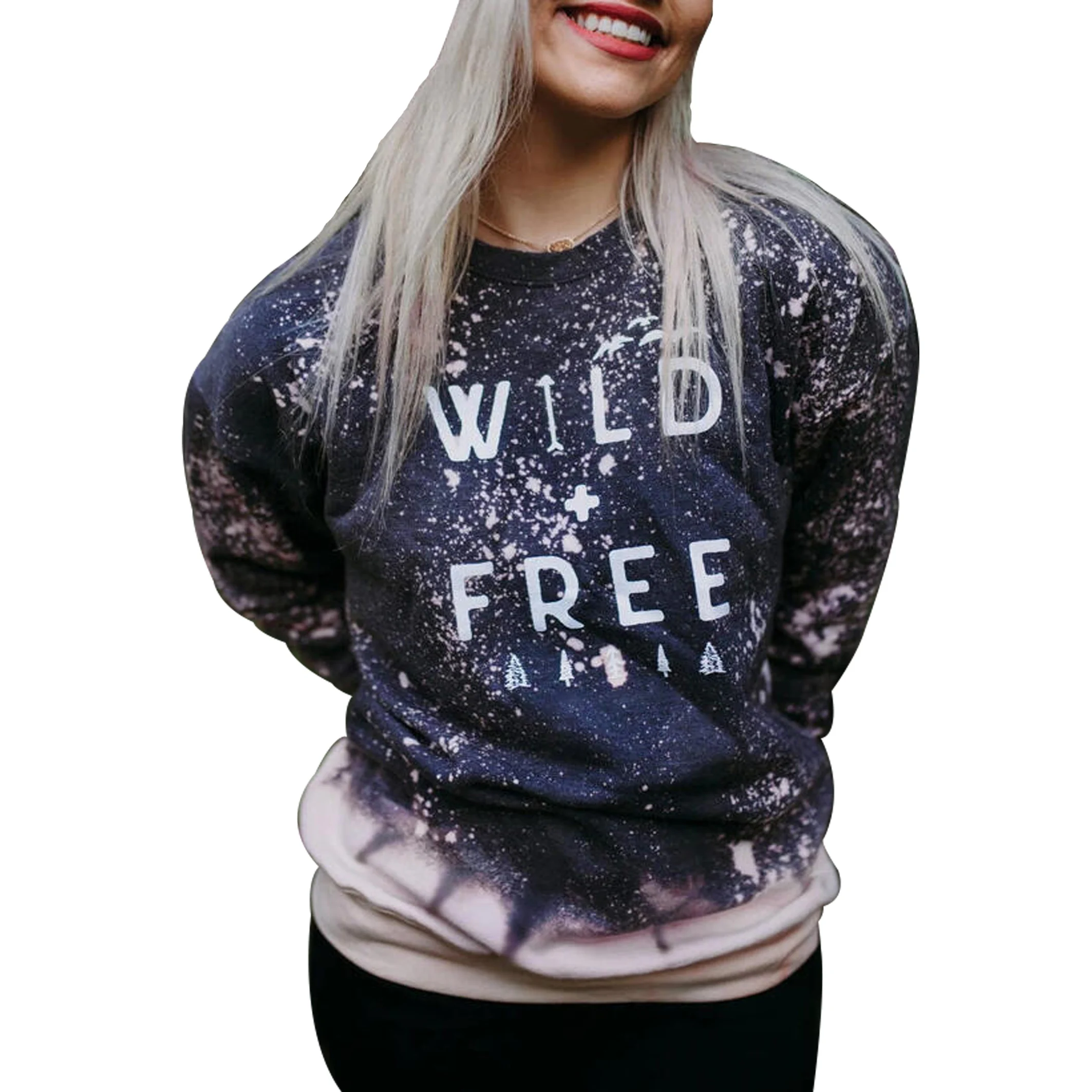 

Custom Cheap Fashion WILD FREE Letter Bleached O Neck Star Pullover Women Sweatshirt