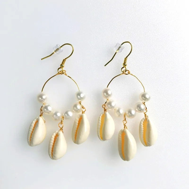 

E275 High Quality Geometric Brass Drop Earring Round Circle Full Freshwater Shell Long Dangle Real Pearl Jewelry