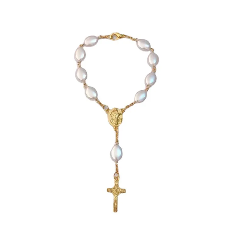 

Religious Catholic Pray Rosary Bracelet Unique Cross Beaded Chain Pendants Jesus Christian Pearl Bracelet, Gold, silver