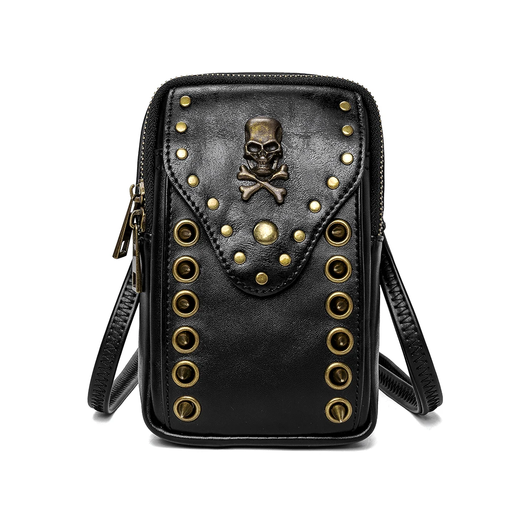 

Fanny pack skull rivet outdoor mobile phone punk ladies shoulder bag travling purses pockets crossbody bag