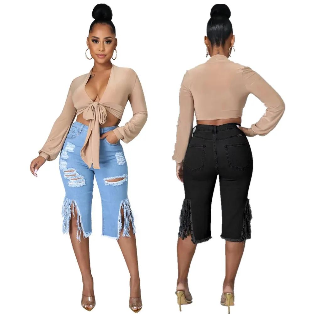 

2021 new arrival tassel hole hot shorts plus size fashion women denim pants, As pic show