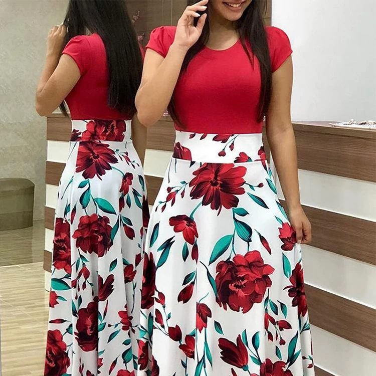 

2021 Women'S Chiffon Long Skirts Women Summer,Wholesale Flower Print Color Block Dress Long Maxi Muslim Skirt